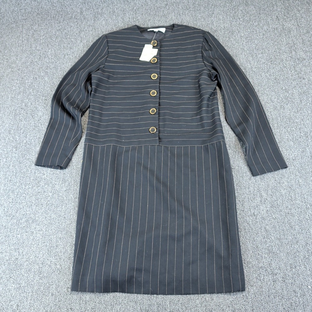 Chetta B Women Pinstripe Shift Dress 10 Black Vintage Drop Waist Gold Button NWT